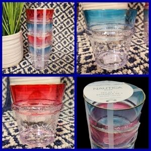 4 Nautica Outdoor Indoor Acrylic Gold Rimmed Red Blue Patriotic Drink Glass Set